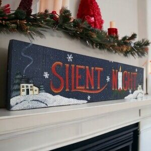 SILENT NIGHT Wooden Rectangular Candle Dark Blue Christmas Sign